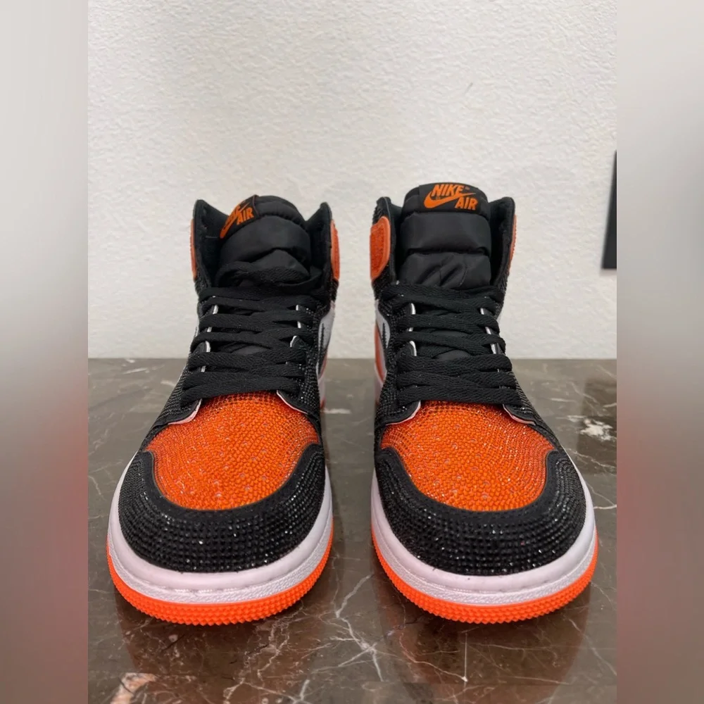 Custom Black, Orange & White Rhinstone Nike Air Jordan Sneakers, Men's 8/ Womens